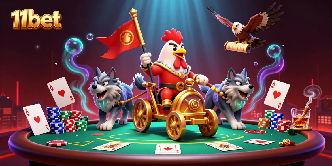 Engage with 11bet's thrilling poker scene featuring a rooster warlord and dynamic game elements.