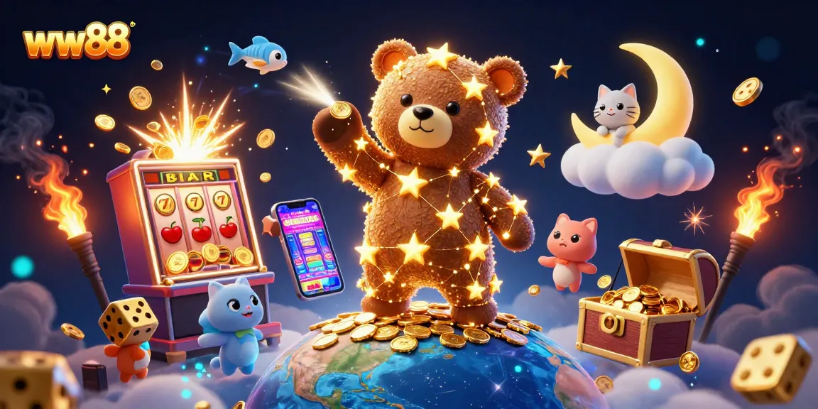 Win big at ww88 with a vibrant 3D casino illustration showcasing exciting slot games and winning jackpots