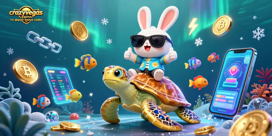 Win with crazyvegas casino no deposit bonus codes: cartoon rabbit and sea turtle amid neon coins.