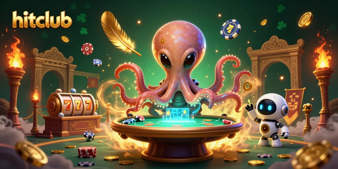 Join the hitclub as the alien octopus wins at a holographic poker table amidst cosmic themes.