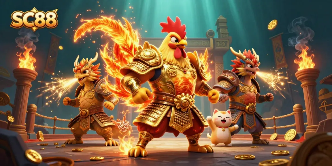 Experience SC88's dynamic gaming with a powerful rooster warrior, dragon hatchling, and gold coins.