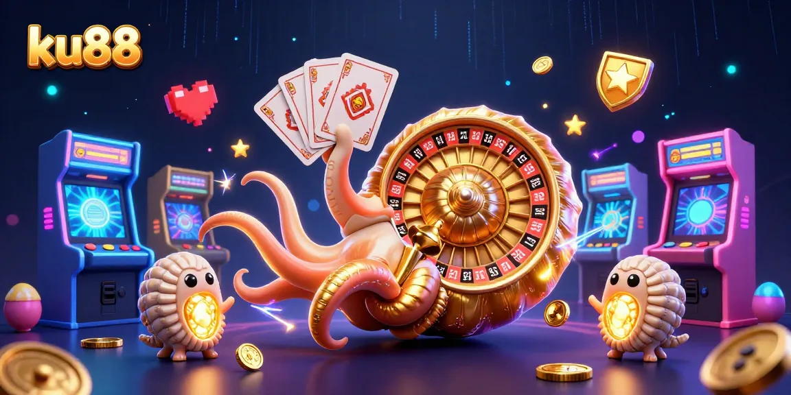 ku88's dynamic casino scene featuring a giant nautilus roulette wheel and vibrant game elements.