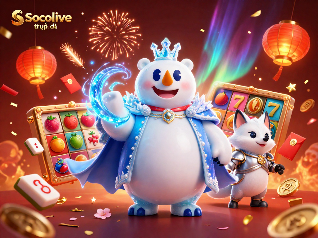 Join the action with Socolive trực tiếp, featuring a vibrant scene of exciting slot reels and festive decorations.