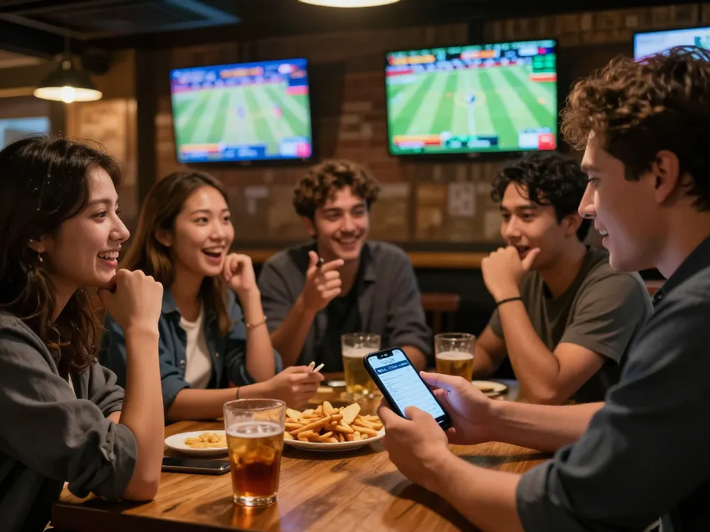 Friends engage in sports betting with the net88 app in a vibrant sports bar setting.