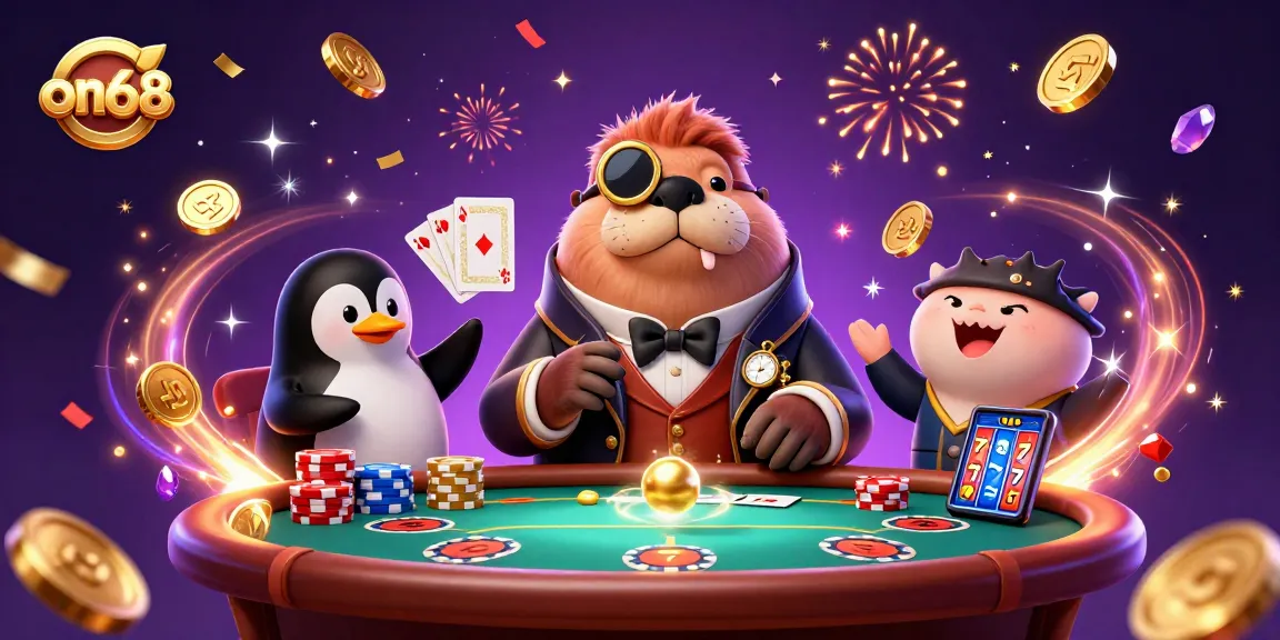 Join the winning table at on68 with whimsical characters enjoying poker and casino games in a magical underwater world.