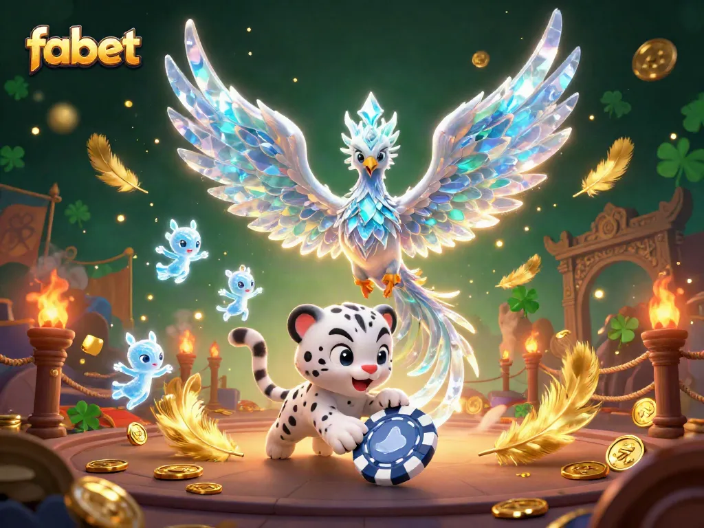 Engage with fabet's enchanting ice-themed 3D casino illustration featuring a magical scene with a phoenix, snow leopard, and ice sprites.