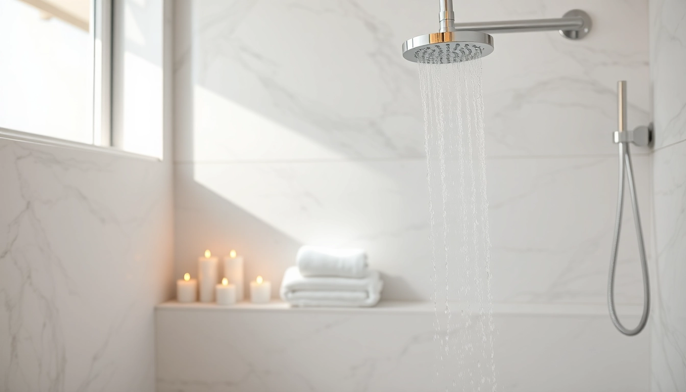Experience elegant showers with a luxurious chrome setup in a serene bathroom ambiance.