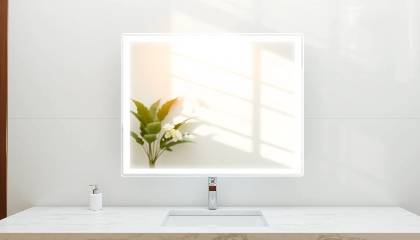 Reflecting LED mirror and led lights in a modern bathroom setting, showcasing serene ambiance.