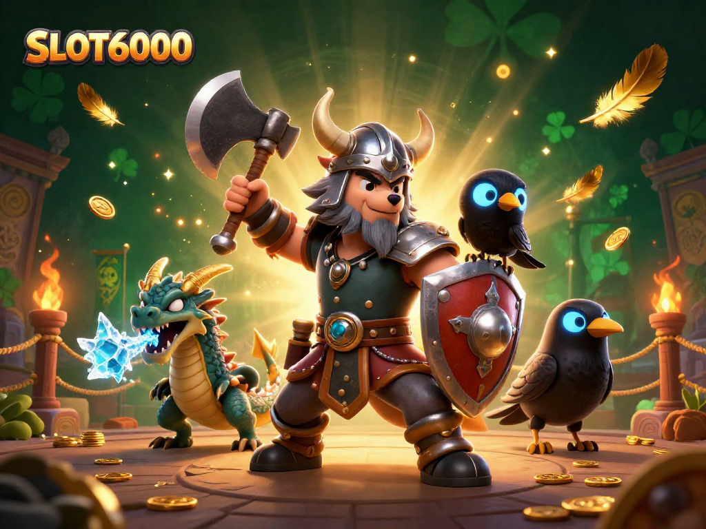 Experience the excitement of SLOT6000 with a dynamic scene of a Viking wolf warrior and his companions.