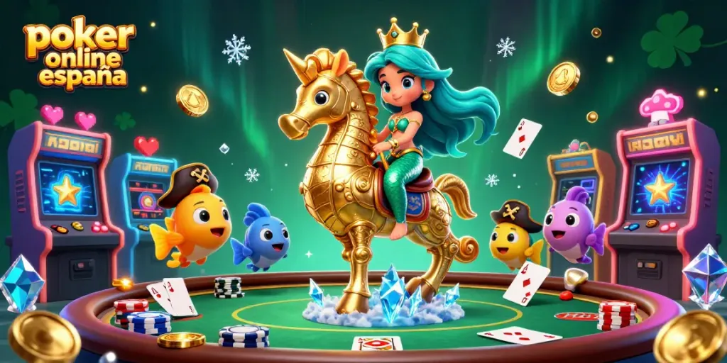 Disfruta del póker online en España en una escena vibrante con personajes de cartas y mesa, llenos de energía y acción.