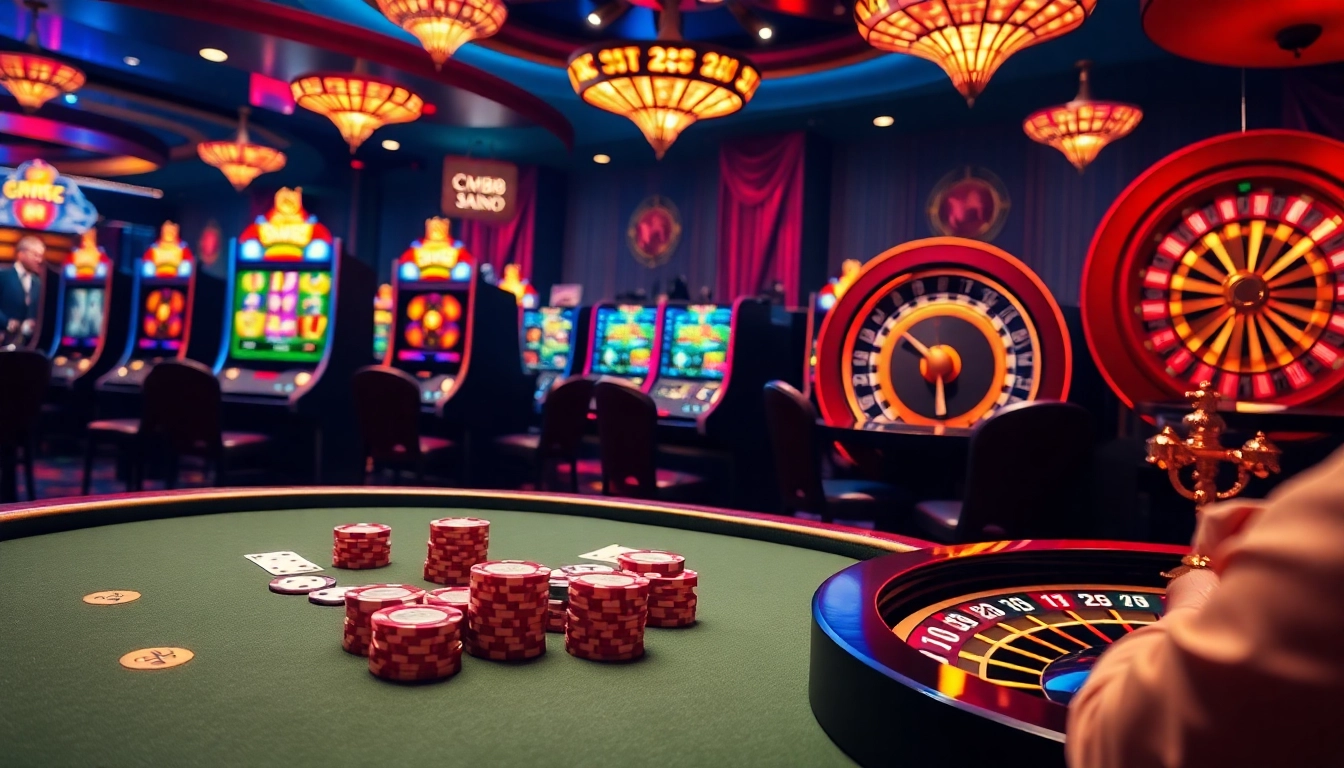 Experience the thrill of winning at CM88 casino with poker tables, vibrant slot machines, and roulette wheels.