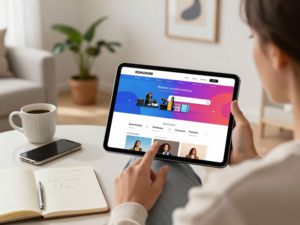 User engaging with ROKOK88 website on tablet in a cozy living room setting.