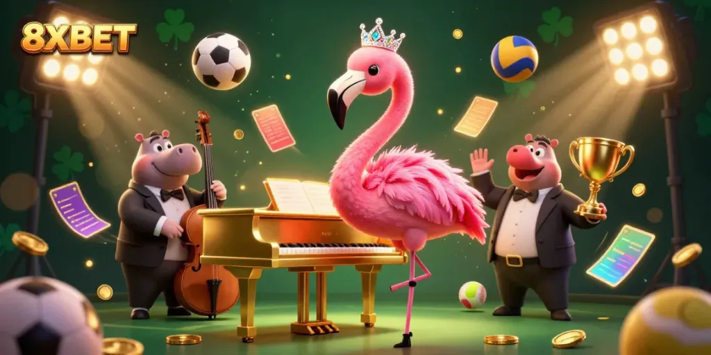 A vibrant illustration showcasing 8XBET's dynamic casino atmosphere with unique characters and elements.
