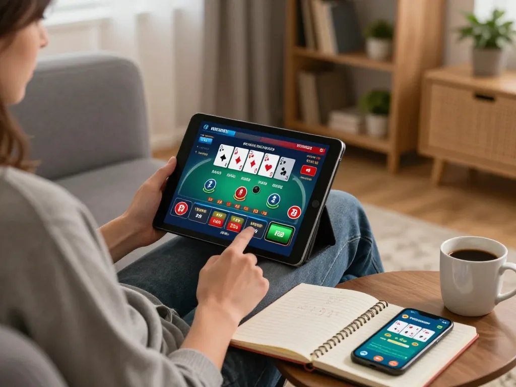 Engaging in strategic online poker at home with Fun88 app on tablet and betting notes.
