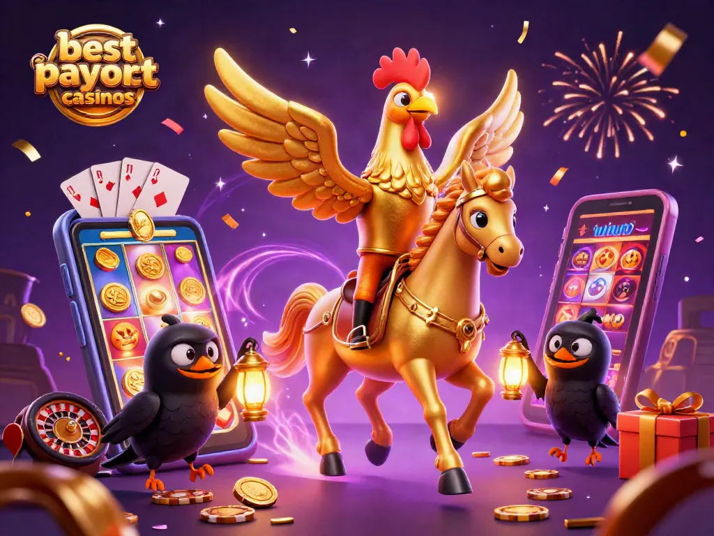 Experience winning at the best payout casinos with a golden rooster and vibrant casino elements.