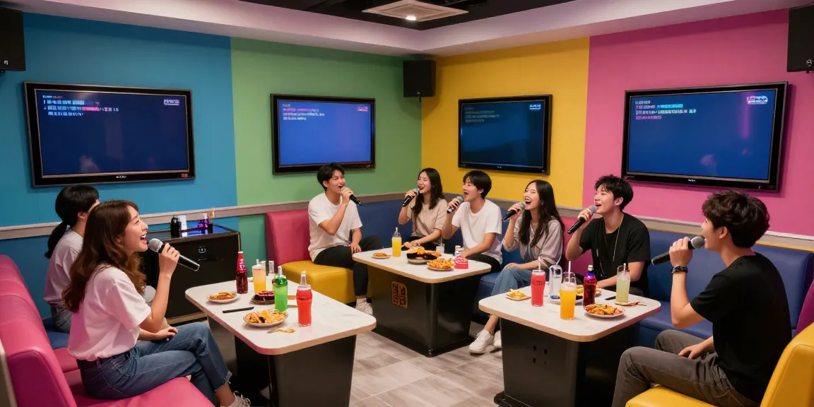 강남 달토의 프리미엄 가라오케 내부 모습, 친구들이 즐겁게 노래하는 장면