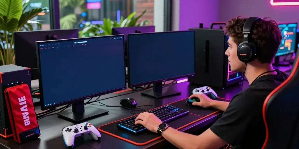 Engaged gamer at the online gaming platform https://playsv88.net/ with dual monitors, controllers, and vibrant LED lights.