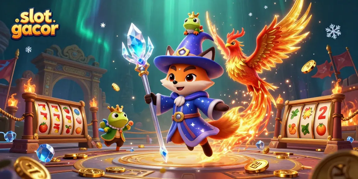 Players win big with slot gacor gameplay illustrated by a wizard fox, phoenix, and golden tokens.