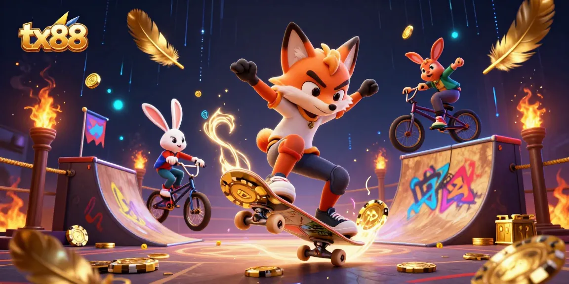 Experience excitement with tx88 as cartoon characters dance amidst casino-themed graphics.