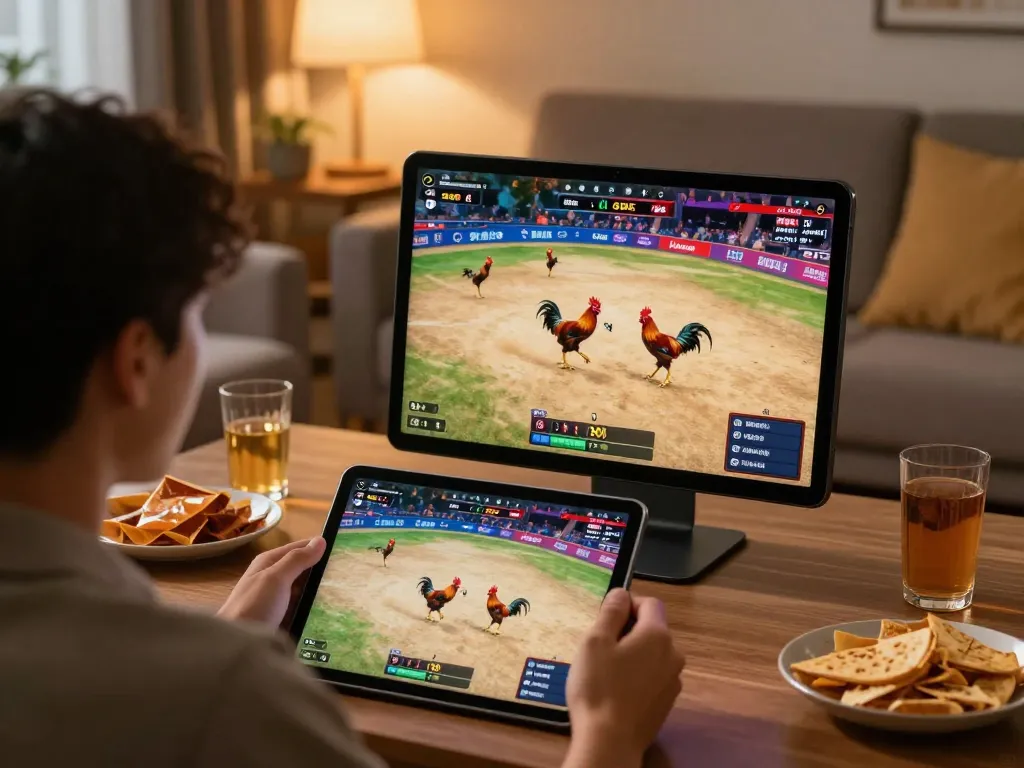 Engaged viewer watching đá gà trực tiếp hôm nay on tablet, showcasing live match in vibrant quality.