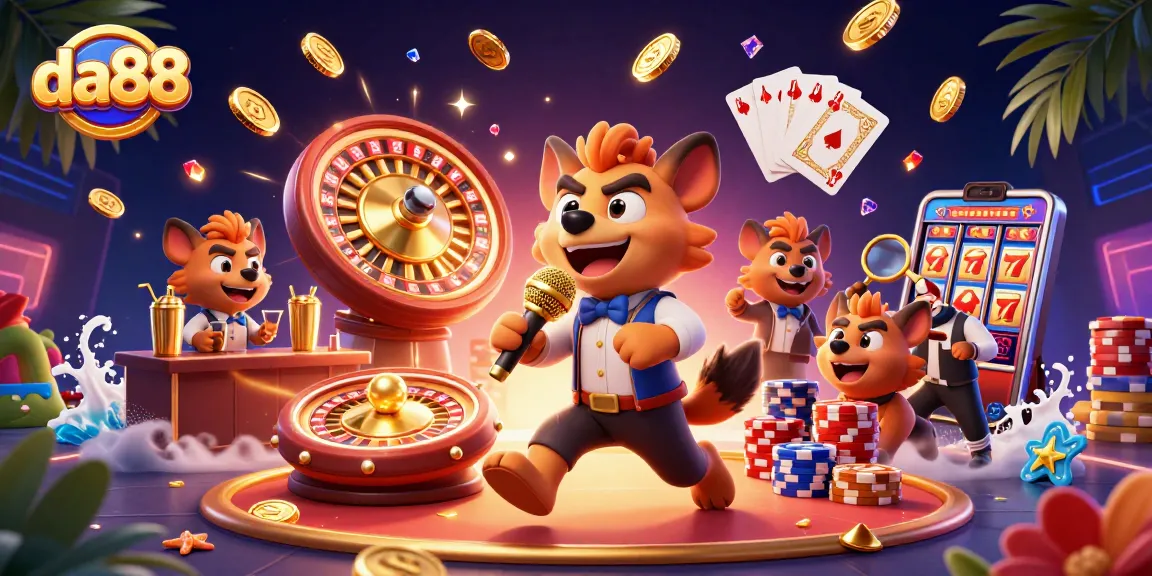 Engage with da88's vibrant casino scene featuring lively hyenas enjoying gaming action.