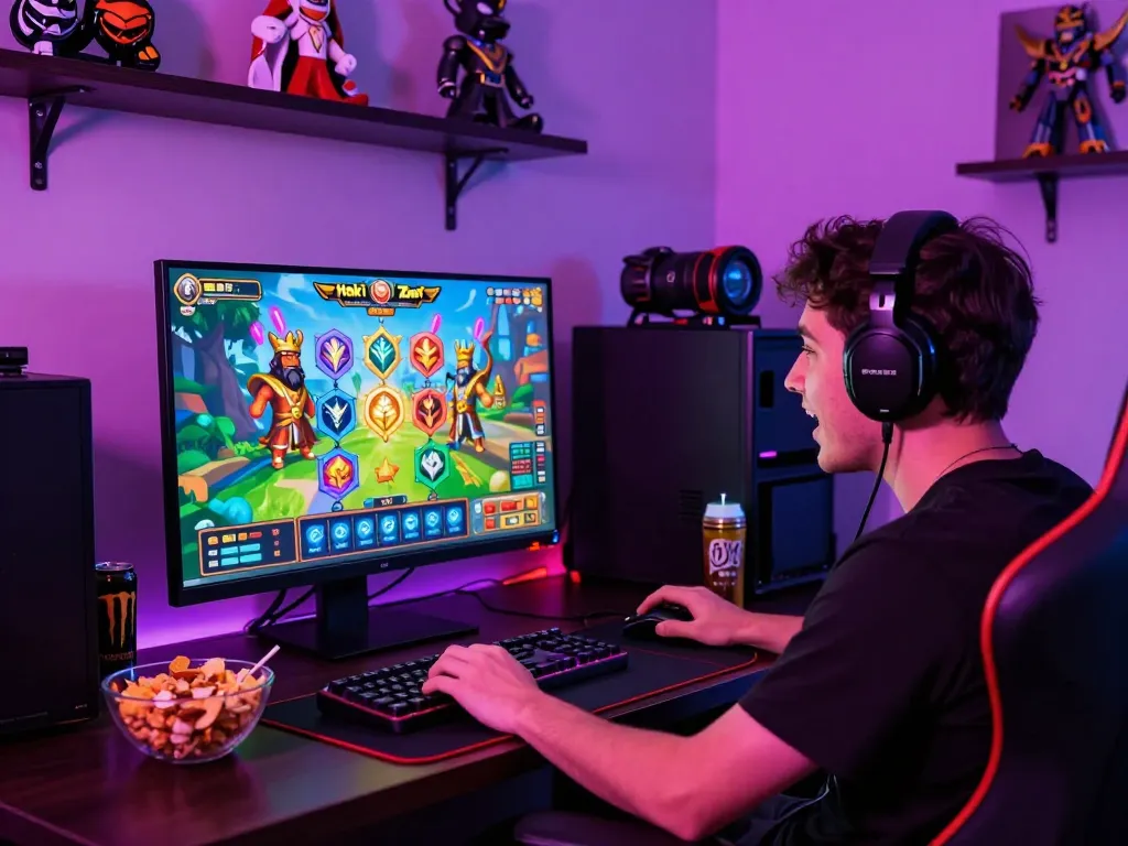 Engaged player enjoying hoki slot games with Zeus theme in vibrant gaming setup.