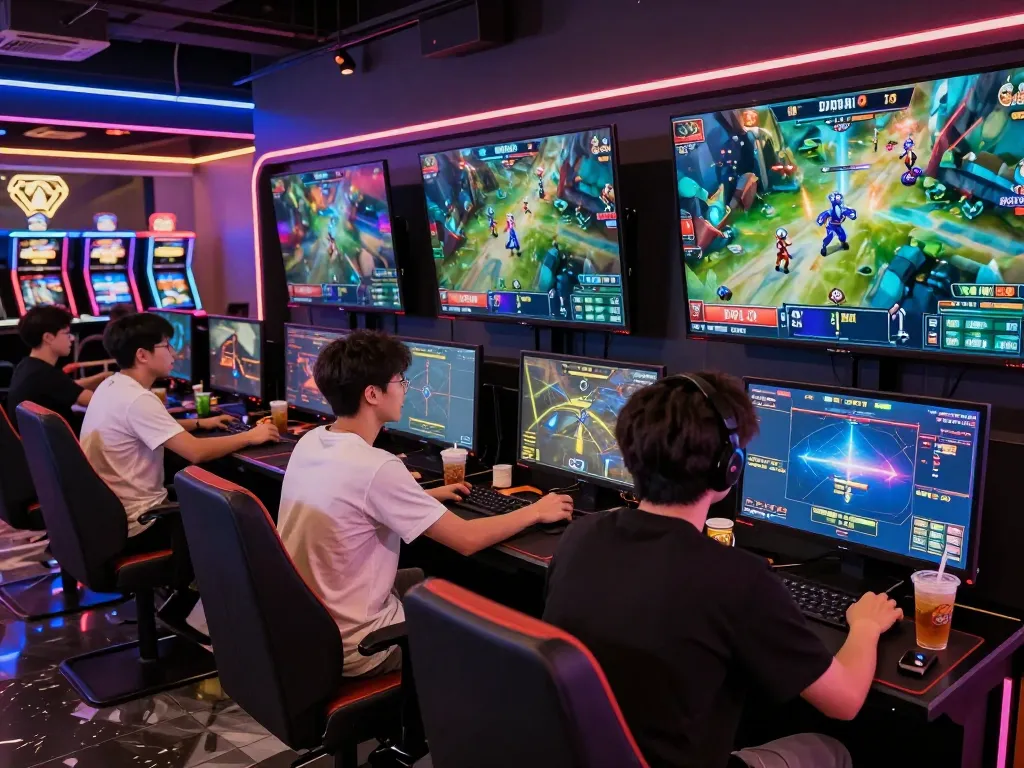 Excited gamers enjoying nổ hũ hubet88 at a futuristic casino lounge during live esports matches.