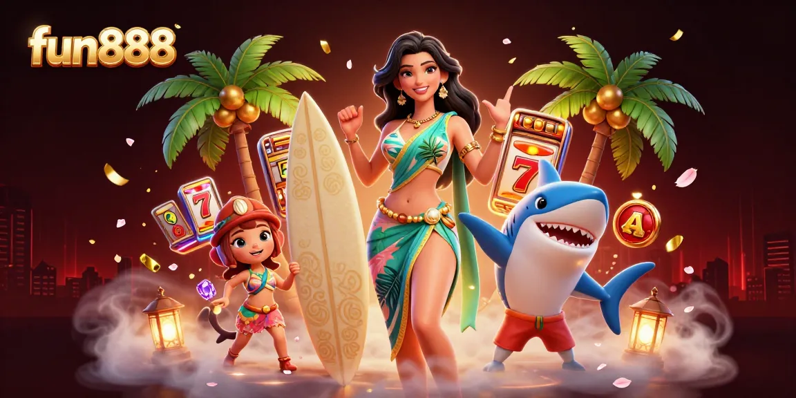 Win big with fun888 in this vibrant online casino scene featuring exciting slots and celebratory elements.