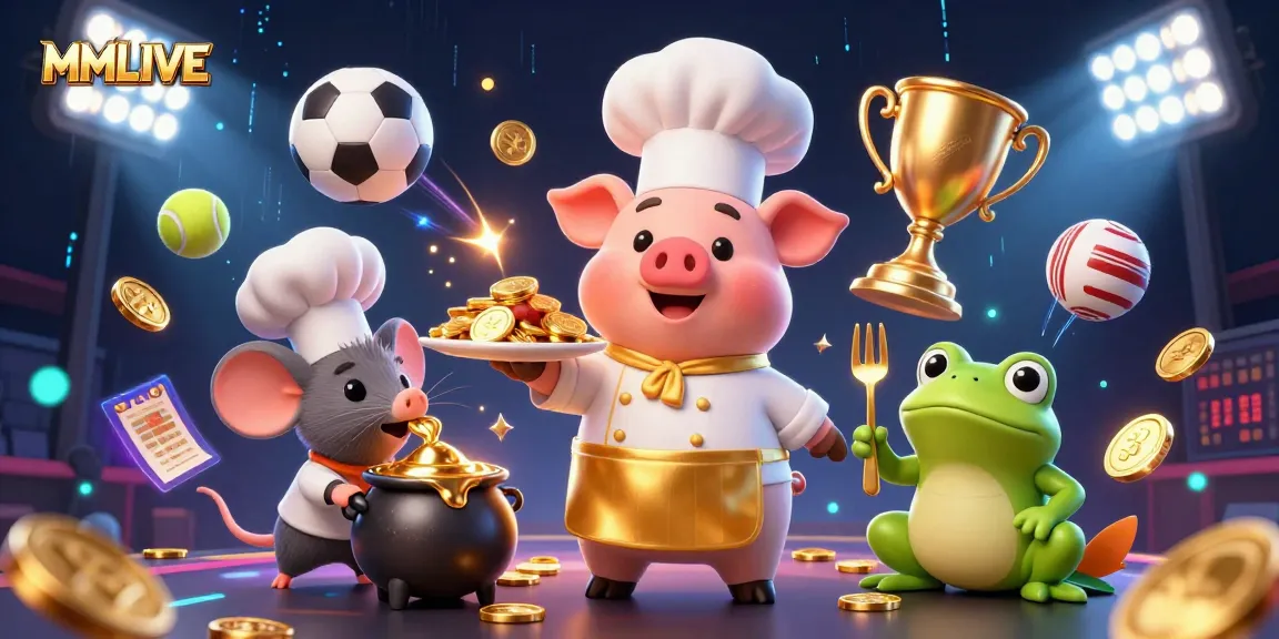 MMLIVE presents a vibrant 3D scene featuring characters enjoying dynamic gambling elements and golden rewards.