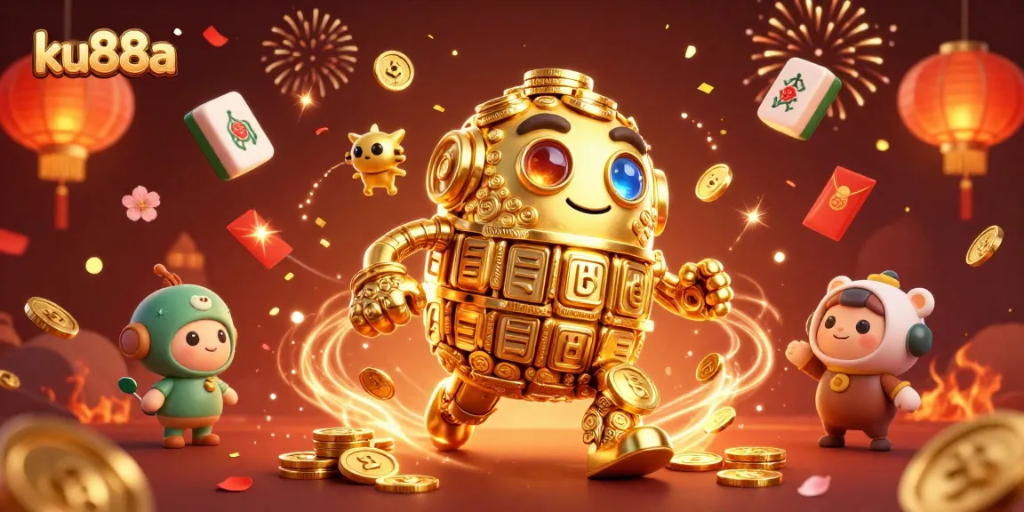 Spin to win with the ku88a casino golem amid floating Mahjong tiles and festive decorations.