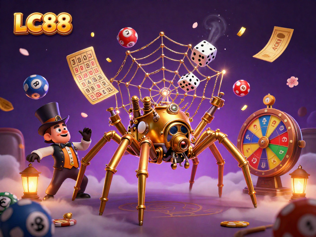 Engage with vibrant LC88 lottery and casino elements in a rich, dynamic 3D scene