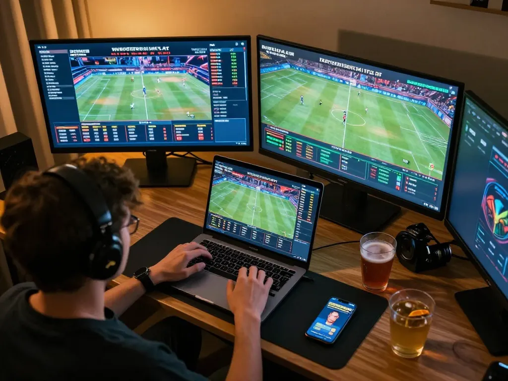 Engaged player strategizing on rik vip while betting on live sports events from home.