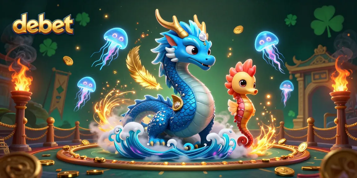 Engage in thrilling casino adventures with debet's vibrant illustration of a dragon and seahorse knight.