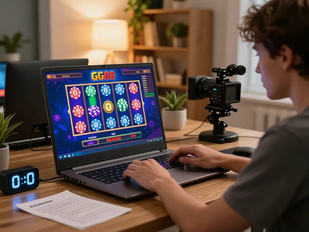 Playing GG88 casino games on a laptop in a cozy, stylish home setting