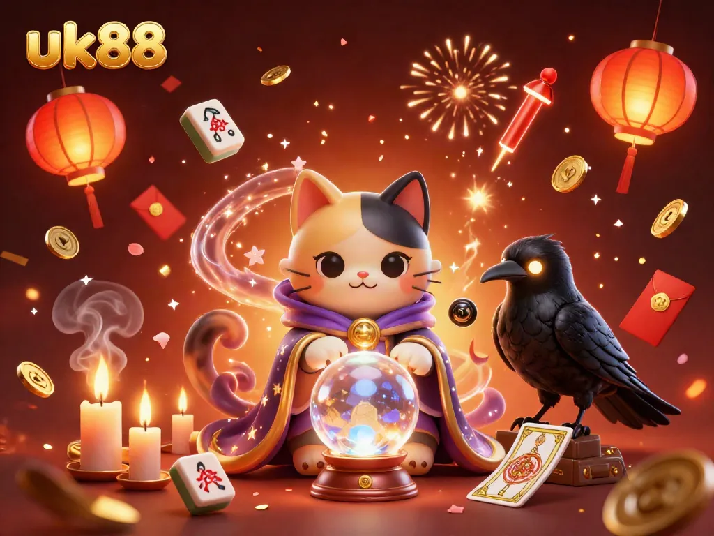 Spin the reels and win at uk88 with a mystic cat and glowing tarot elements.
