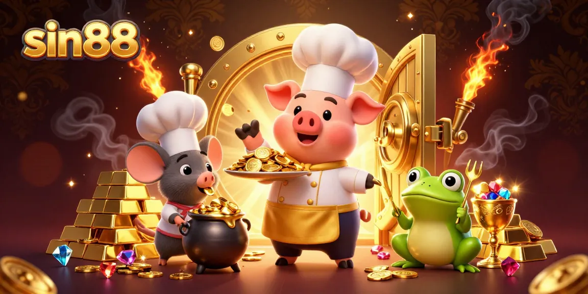 sin88 enhances gambling with a 3D chef pig serving gold coins amidst sparkling treasures.