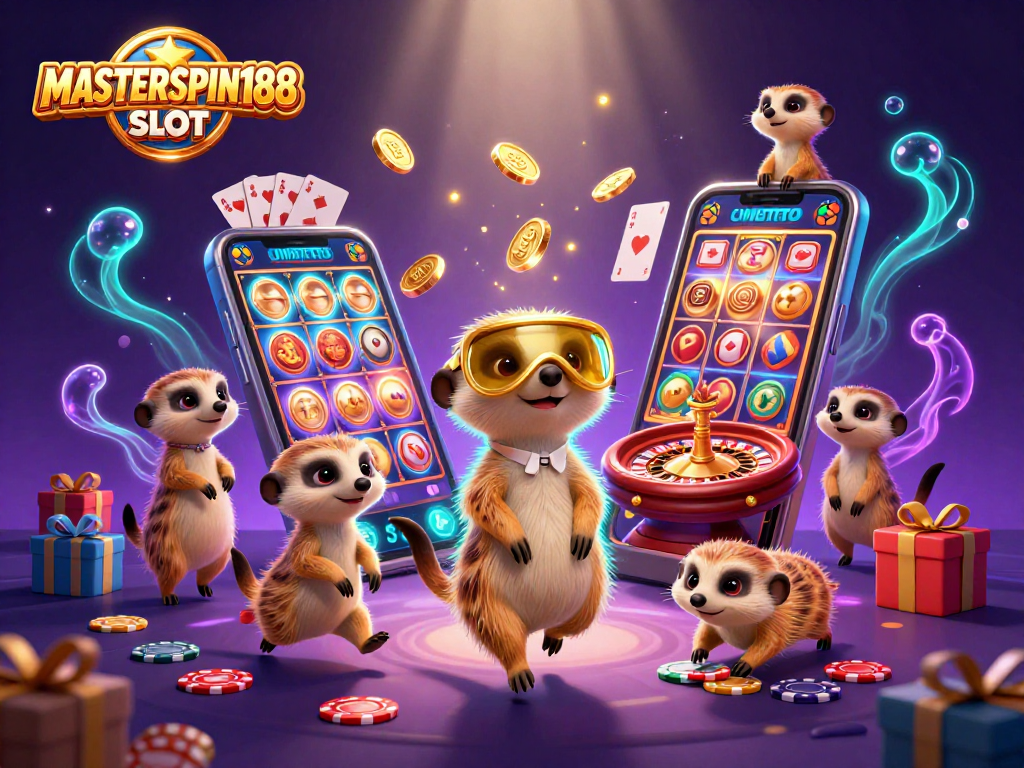 Engage with MASTERSPIN188 SLOT as meerkats run a vibrant casino operation in a colorful 3D scene.