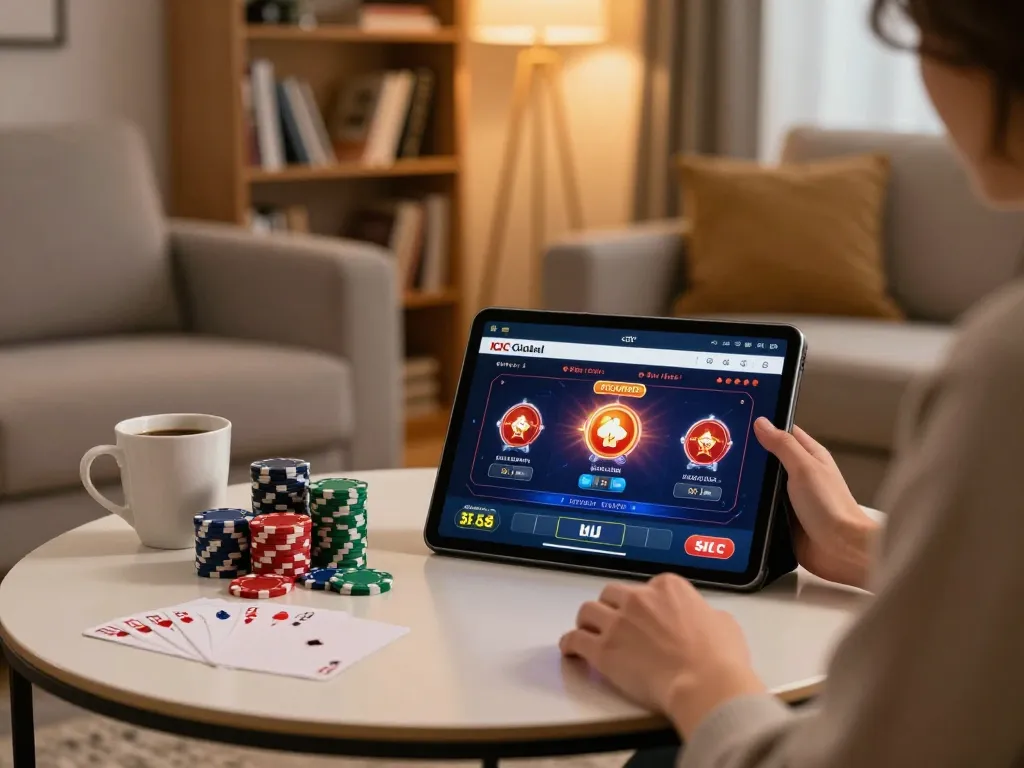 KJC Global player enjoying a thrilling online game on a tablet in a cozy living room.
