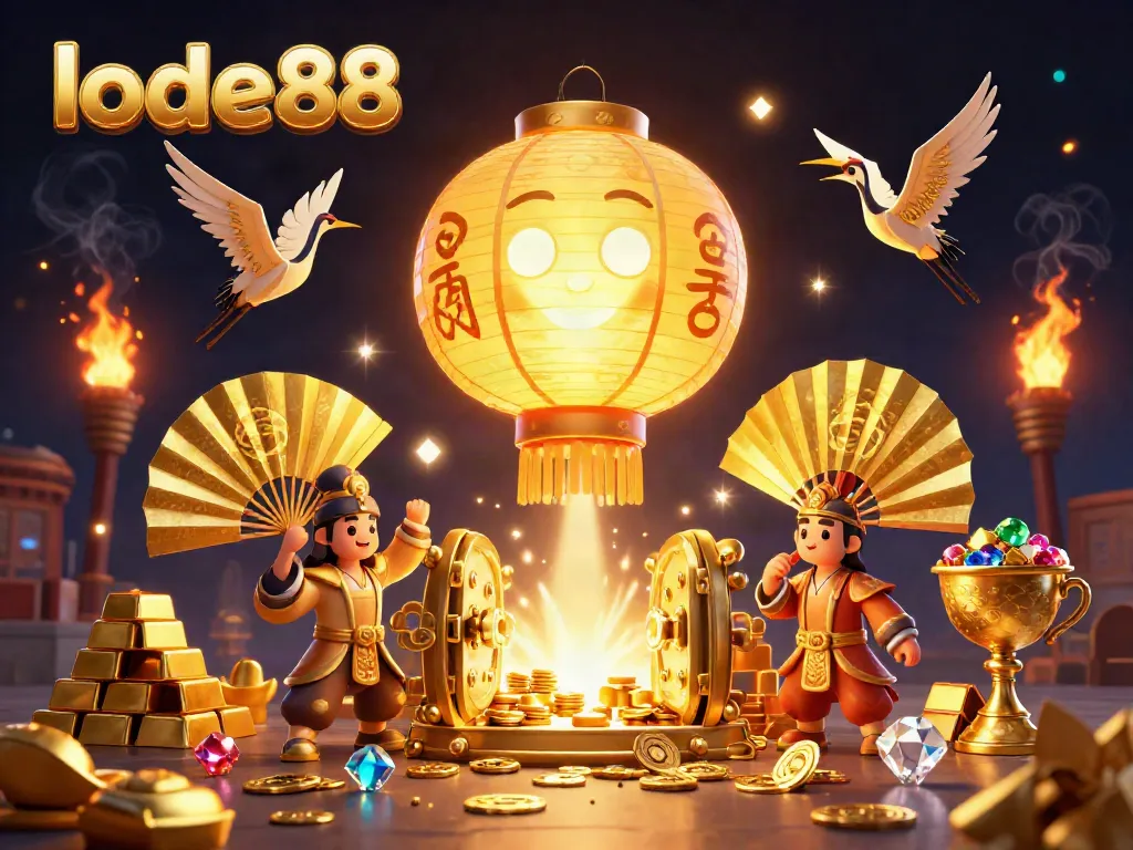 Experience lode88's vibrant casino atmosphere with glowing lantern spirits and treasure-filled surroundings.
