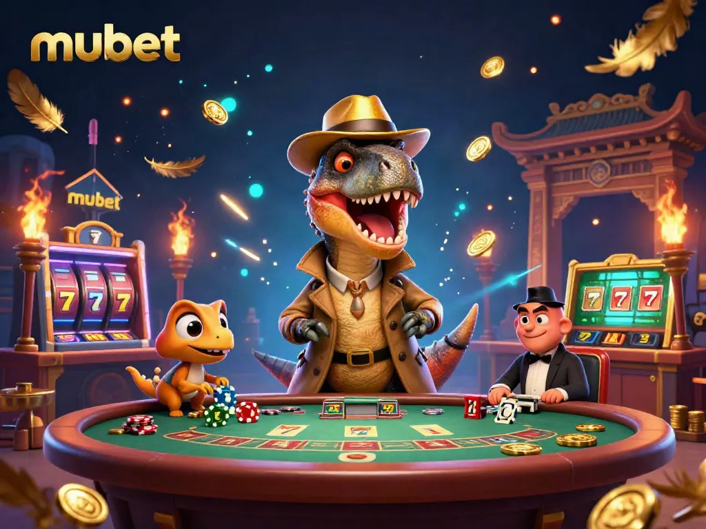 Join the action at mubet with a clever velociraptor and casino elements in this vibrant illustration.