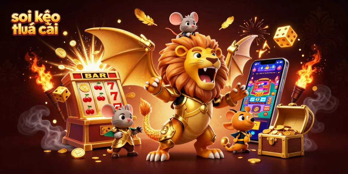 Soi kèo nhà cái illustrates a 3D chimera and a mouse jockey amidst vibrant casino symbols and elements.