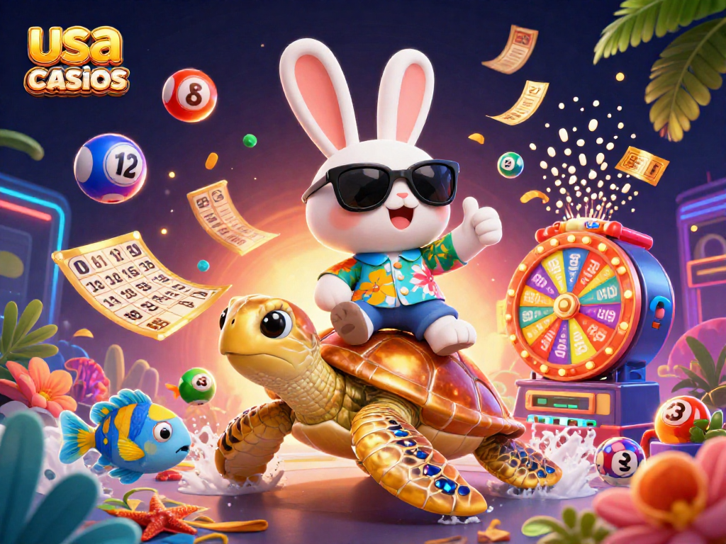 Engage with exciting usa online casinos featuring colorful lottery elements and characters in a dynamic scene.