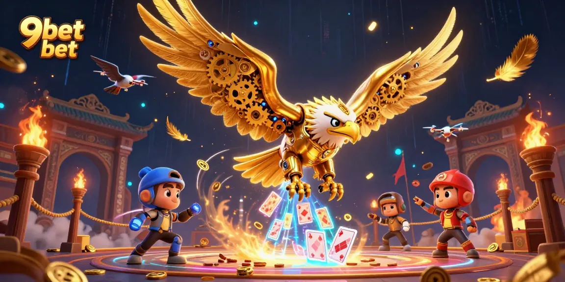 Experience the thrill of 9bet bet with a golden eagle diving through holographic cards amidst a vibrant casino atmosphere.