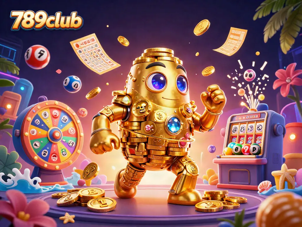 Experience the excitement of 789club with vibrant lottery balls and golden golem in a dazzling casino scene.