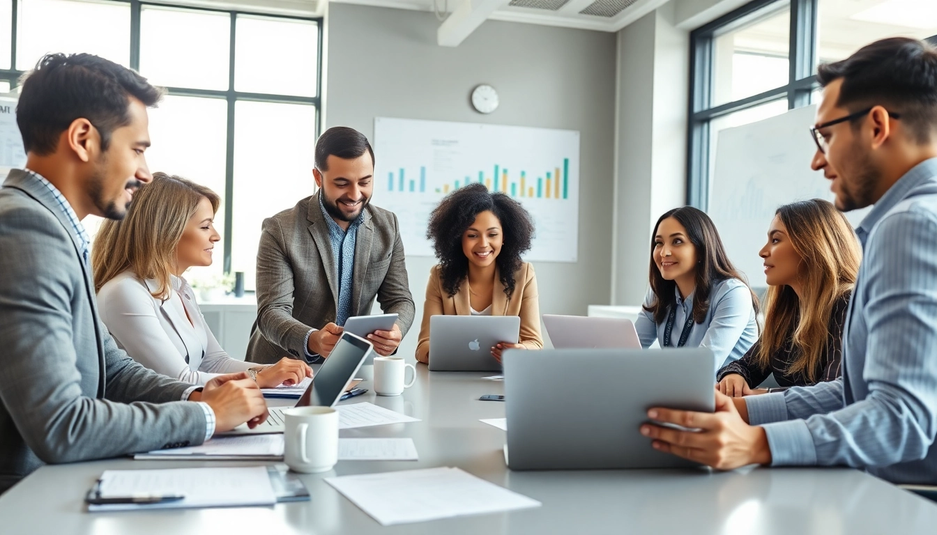 Team strategizing on Federal and State contracts during a business meeting in a modern office.