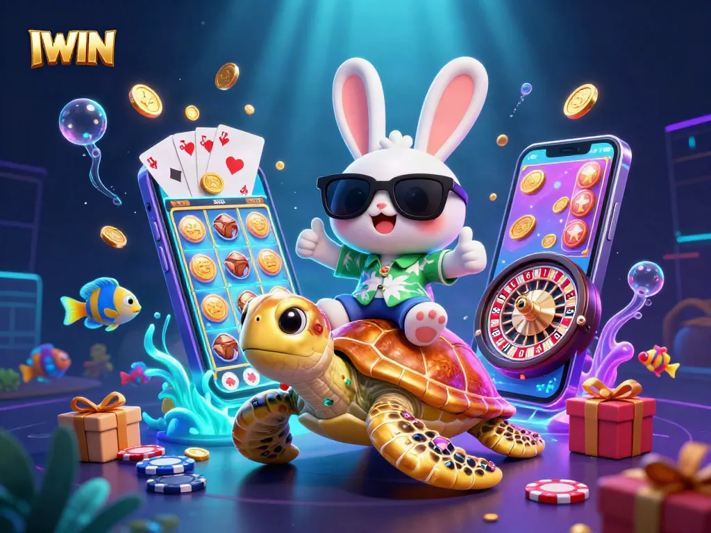 Spin the reels and win big with IWIN's vibrant gaming world featuring lucky rabbit and golden turtle.