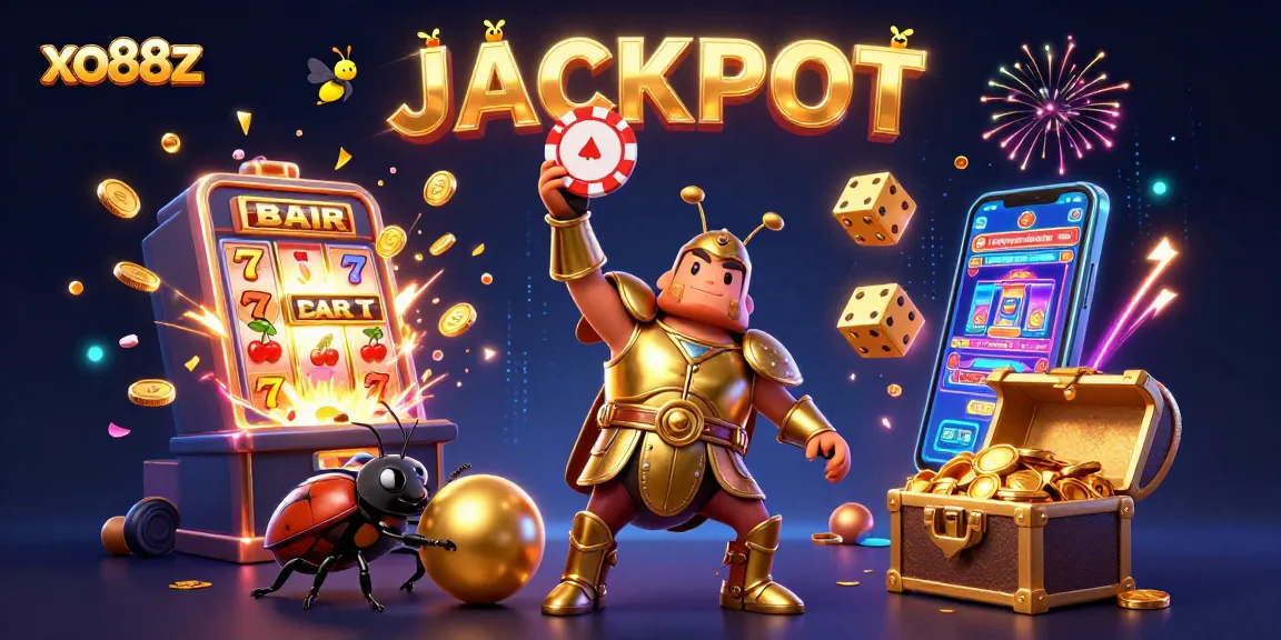 Win big at xo88z with a heroic beetle lifting a poker chip in a vibrant casino scene.