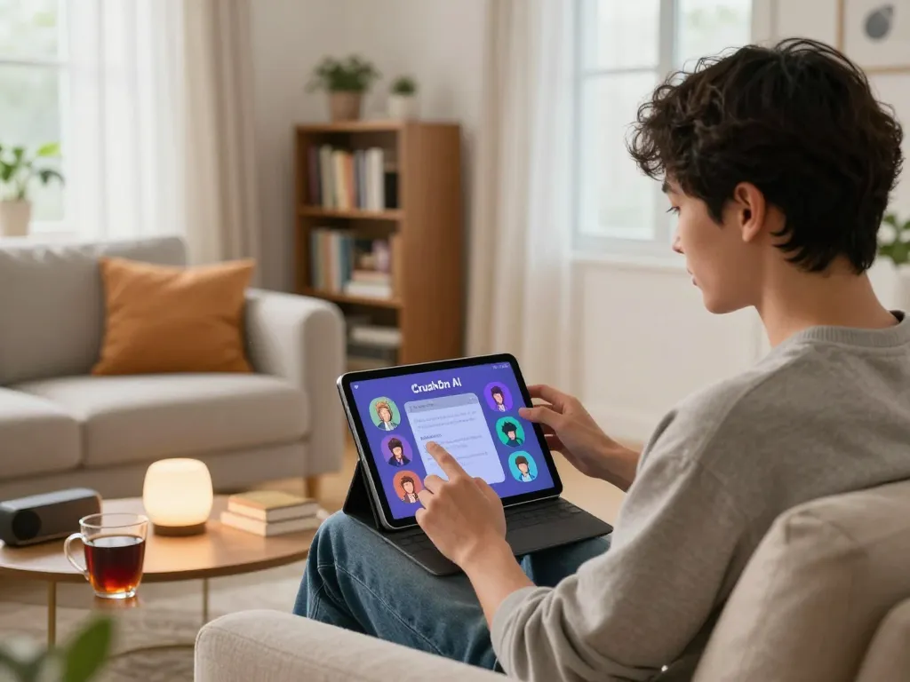 Young adult enjoying a CrushOn AI chat experience in a cozy living room, surrounded by character icons and warm lighting.