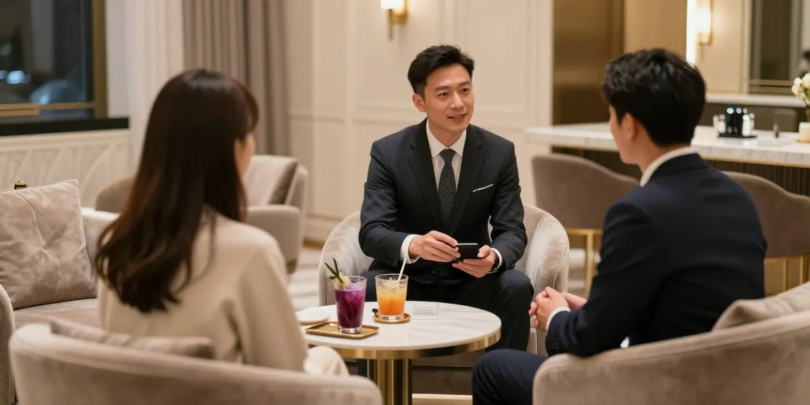 강남타이밍 쩜오의 고급스러운 VIP 룸 내 인테리어와 매니저의 대화 장면.