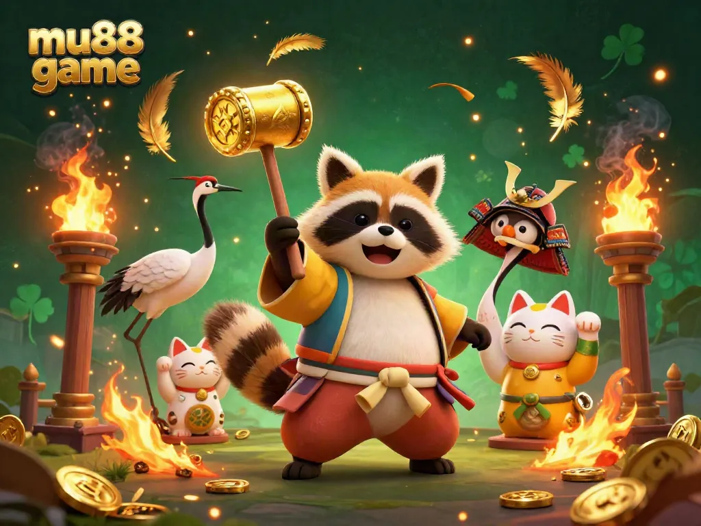 Experience the excitement of mu88 game with a vibrant 3D illustration of a cheerful tanuki and lucky elements.